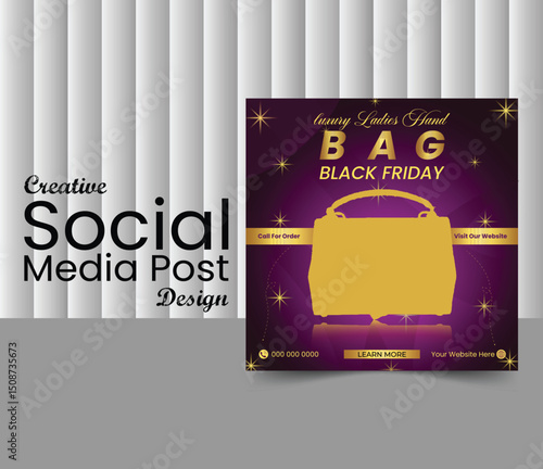 Elegant Black Friday social media post template featuring a stylish ladies bag with 50% discount. Perfect for fashion ads, online store promotion, and seasonal marketing campaigns.