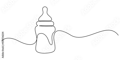 Baby feeder bottle one continuous line drawing concept of baby care minimalist, Continuous one line drawing of baby feeding bottle. Baby drink bottle with love outline vector illustration. Editable. 