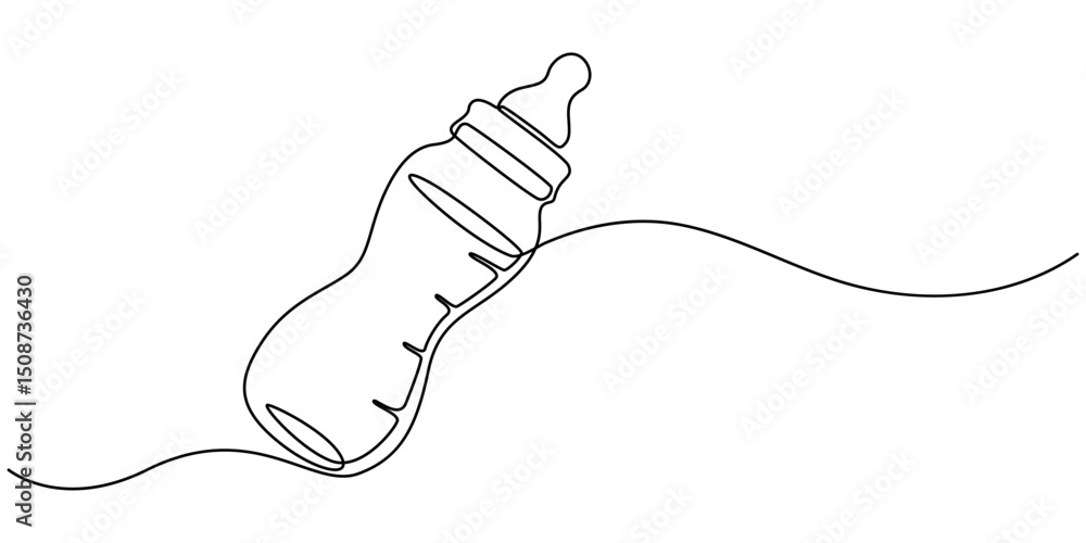Obraz premium Baby feeder bottle one continuous line drawing concept of baby care minimalist, Continuous one line drawing of baby feeding bottle. Baby drink bottle with love outline vector illustration. Editable. 