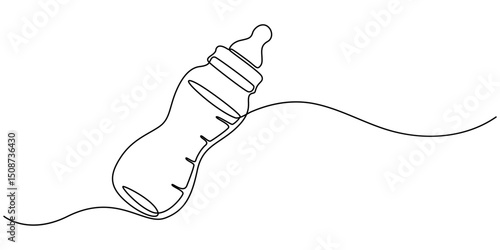 Baby feeder bottle one continuous line drawing concept of baby care minimalist, Continuous one line drawing of baby feeding bottle. Baby drink bottle with love outline vector illustration. Editable. 