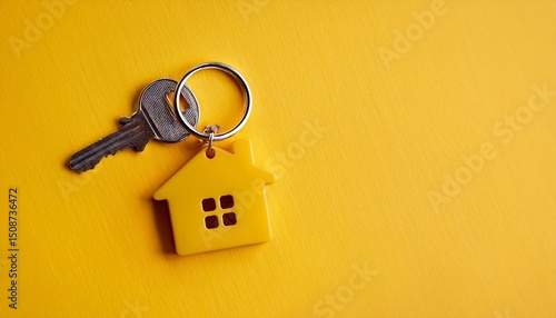 House keys with small yellow house keychain on vibrant yellow backdrop. Real estate concept, home ownership, new beginning. Mortgage, property purchase, investment, new apartment, rent, sales.