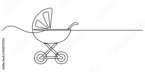 One Continuous Line Drawing of Baby Stroller Icon. Single Line Vector Illustration, Continuous One Line Drawing of a Baby Carriage - Minimalist Nursery Art Vector Illustration, Modern baby stroller.