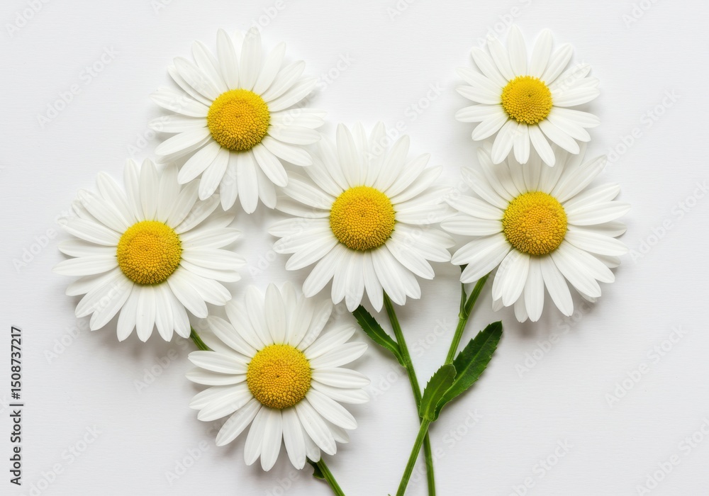Obraz premium Arrangement of several daisies with white petals and yellow centers on white background