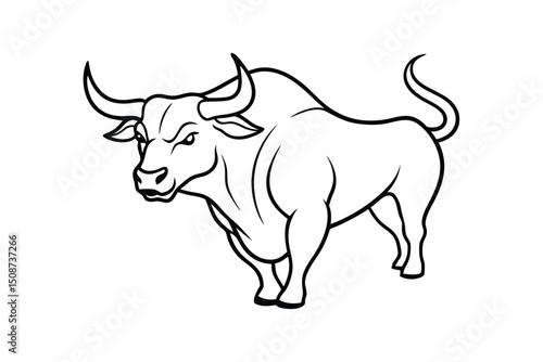 Line art illustration of an enraged bull with head lowered and horns ready to charge.eps