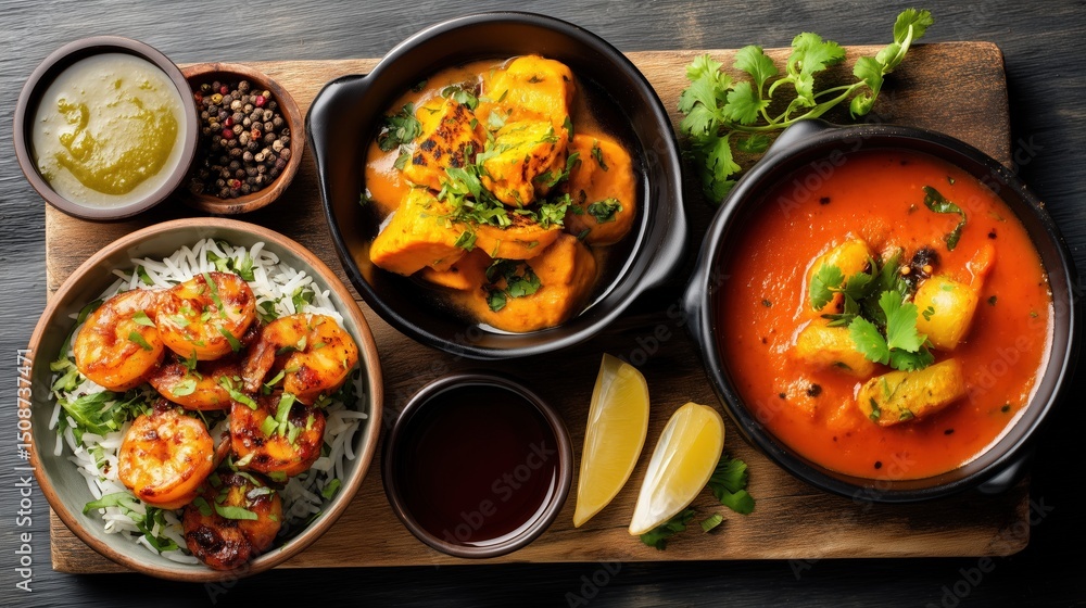 Delicious indian food menu presenting shrimps with rice, potatoes, curry, and tomato soup Delicious indian food menu presenting shrimps with rice, potatoes, curry, and tomato soup