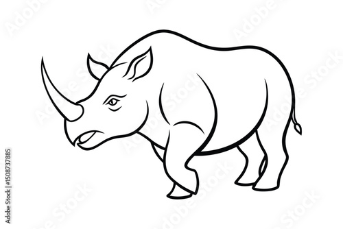 Line art illustration of an enraged rhinoceros charging with horn forward.eps