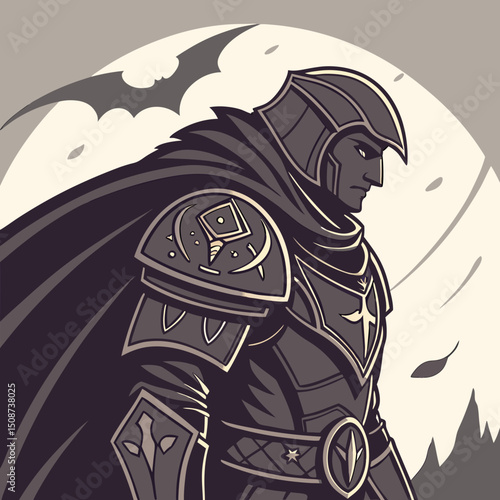 Dark Knight Warrior with Cape and Helmet in Fantasy Setting Illustration
