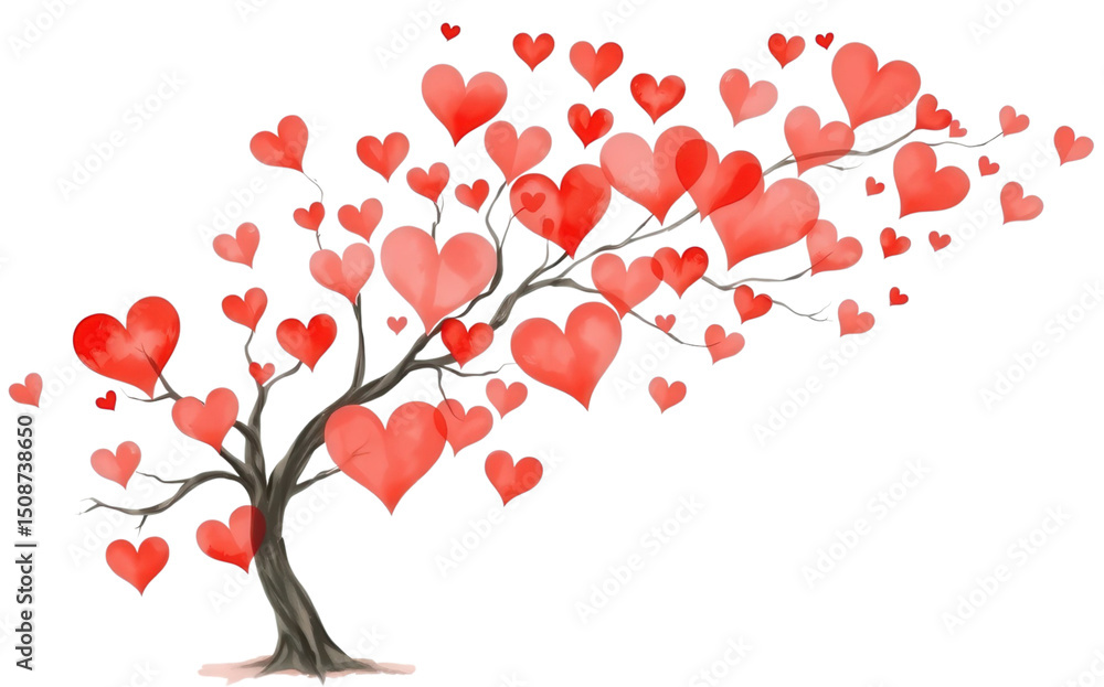 Fototapeta premium tree with heart shaped leaves in vibrant red and pink tones is displayed on transparent background, symbolizing love and affection. whimsical design evokes sense of romance and joy.