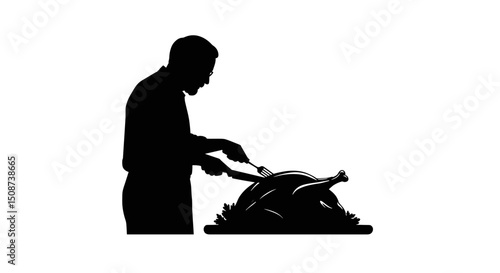 Man carving turkey silhouette on serving platter for dinner  