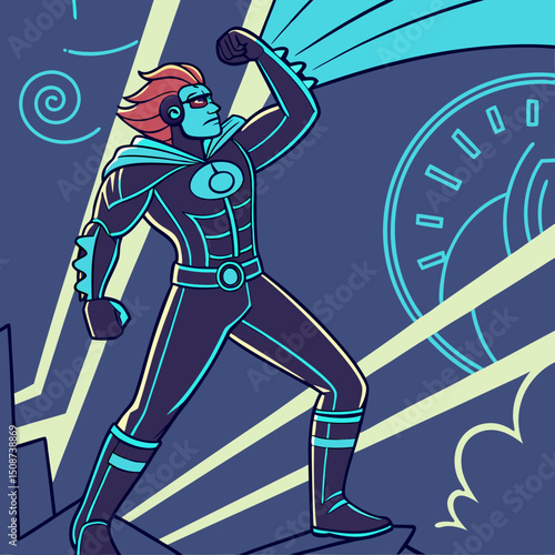 Retro Superhero in Action Pose with Futuristic Background Illustration