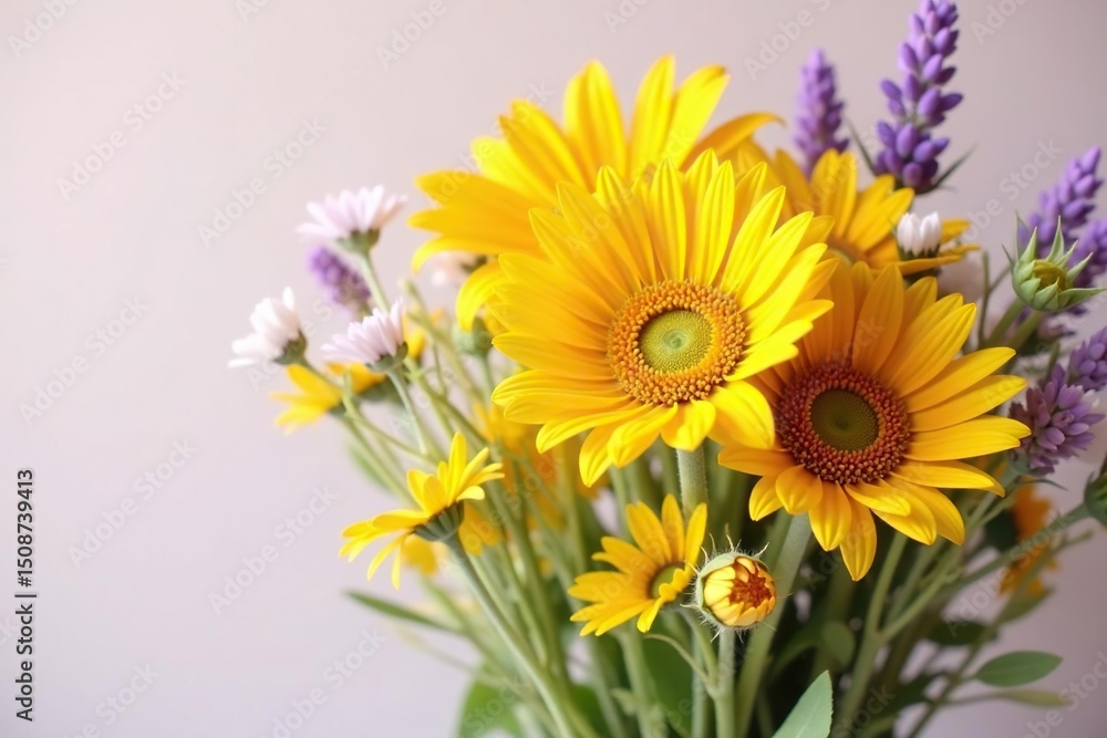 Obraz premium Sunflowers, daisies, lavender in soft, flowing summer bouquet , daisies, plant