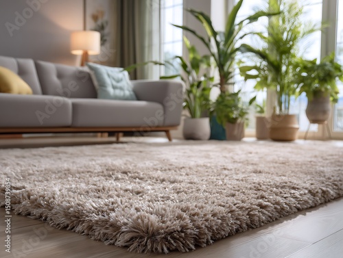 식물과 함께하는 고급스러운 거실 러그 공간 AI 생성