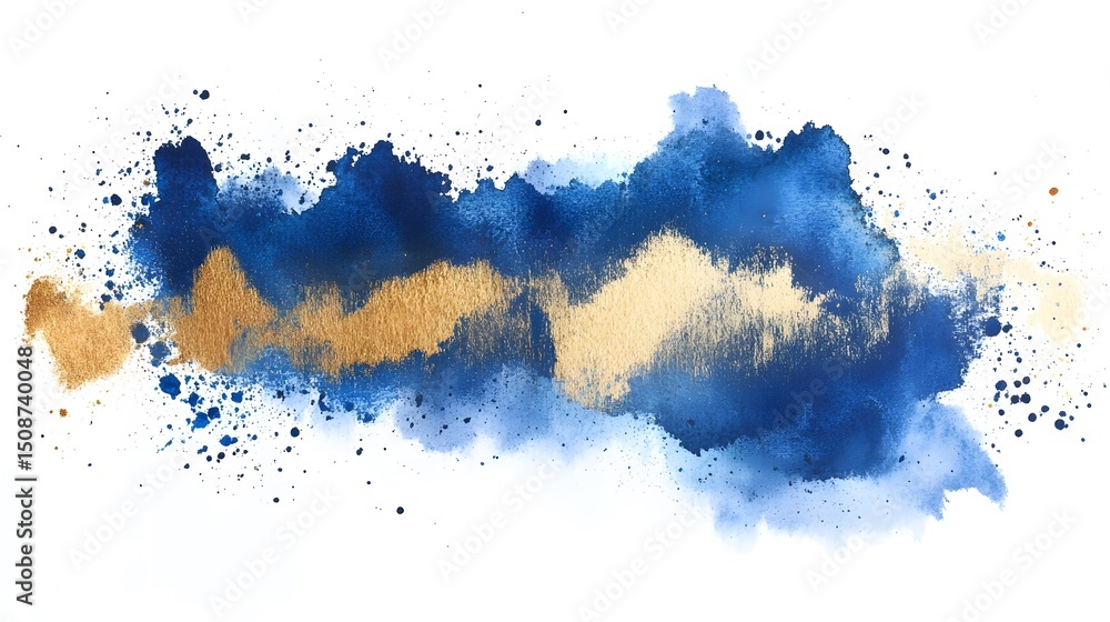 Fototapeta premium Abstract blue and gold watercolor painting with artistic splatter effect on white background design