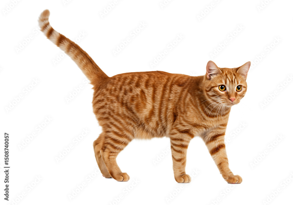 Orange tabby cat walking on a transparent background for various creative applications Orange tabby cat walking on a transparent background for various creative applications