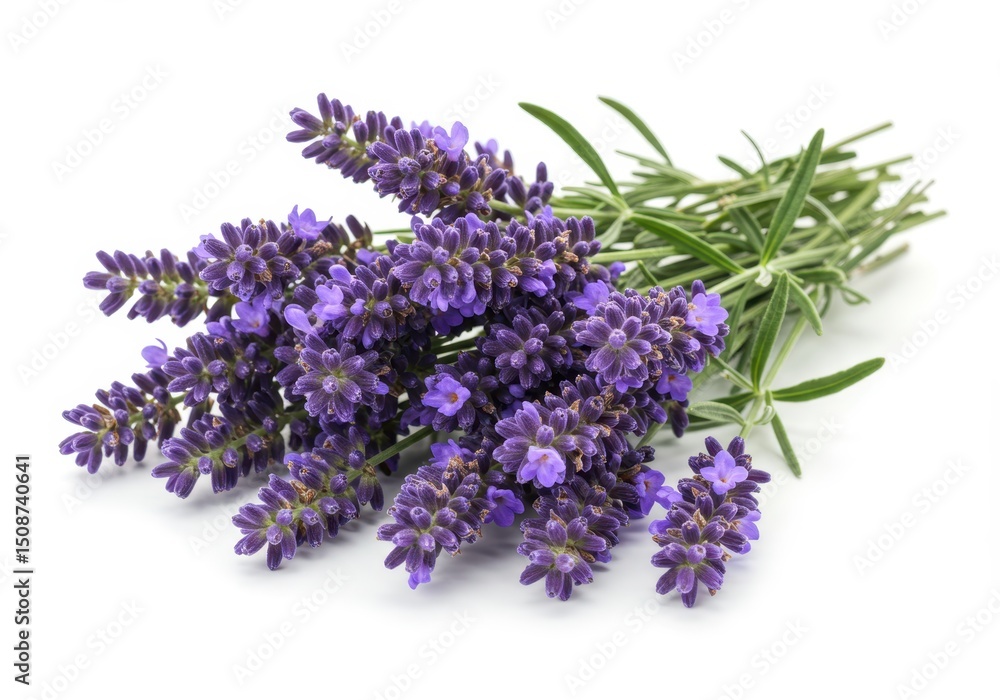 Fototapeta premium Lavender flowers with green leaves, isolated on white background, studio shot