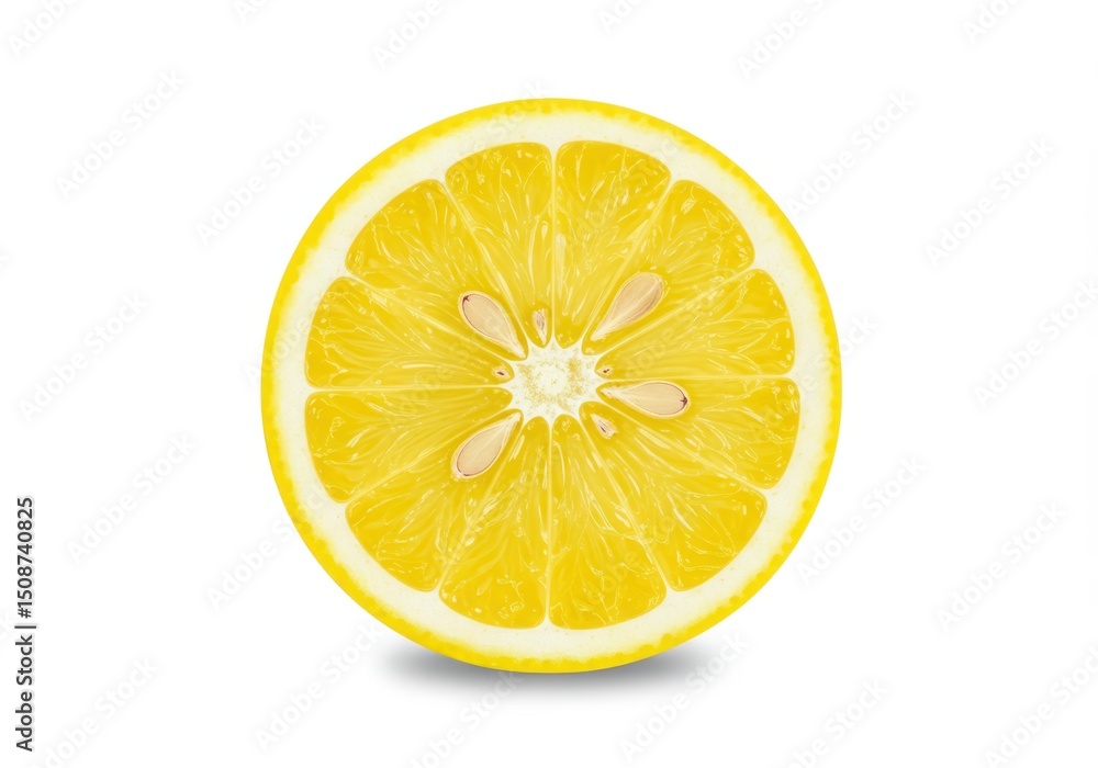 Studio shot of a vibrant lemon slice showing pulp and seeds on a white background Studio shot of a vibrant lemon slice showing pulp and seeds on a white background