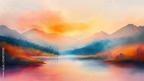 Wallpaper Mural serene landscape featuring mountains and tranquil lake at sunset, with vibrant colors. Torontodigital.ca