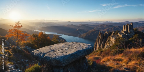 Wallpaper Mural Sunset View Over Mountain Landscape with Lake and Ruins Torontodigital.ca