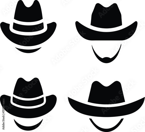 Cowboy Hat Silhouettes Vector Icons – Western Style Minimal Faces Graphic Design for Stickers, Logos, Posters, and Art Projects