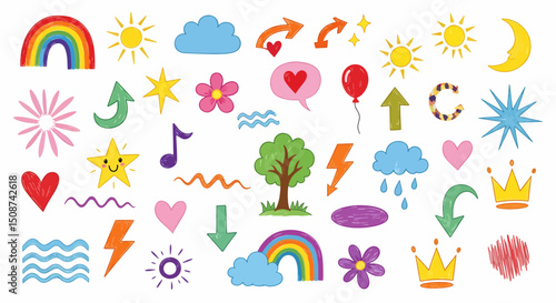 Hand Drawn Crayon Doodle Icon Set – Rainbow, Heart, Sun, and Kids Elements