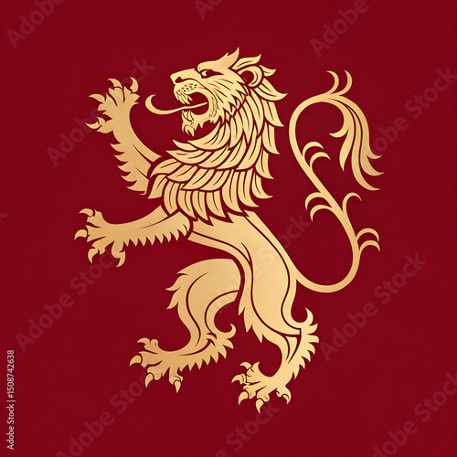 Heraldic Lion Rampant Silhouette in Gold on Deep Red – Art Deco Geometric Mane for Luxury Branding
