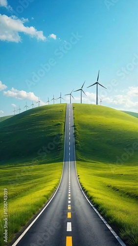 Wallpaper Mural Road to Wind Turbines on Green Hill under Blue Sky Torontodigital.ca