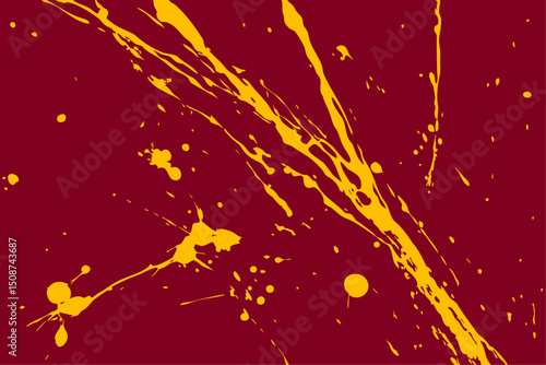 Bright golden yellow paint splashes and dynamic splatters over a deep, rich red background. Abstract vector art conveying energy and opulence, perfect for bold, textured designs.