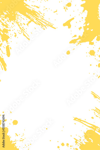 oft yellow paint splatters and grunge brush strokes create an artistic border on a white background. Abstract vector frame with ample copy space for a light, edgy design.