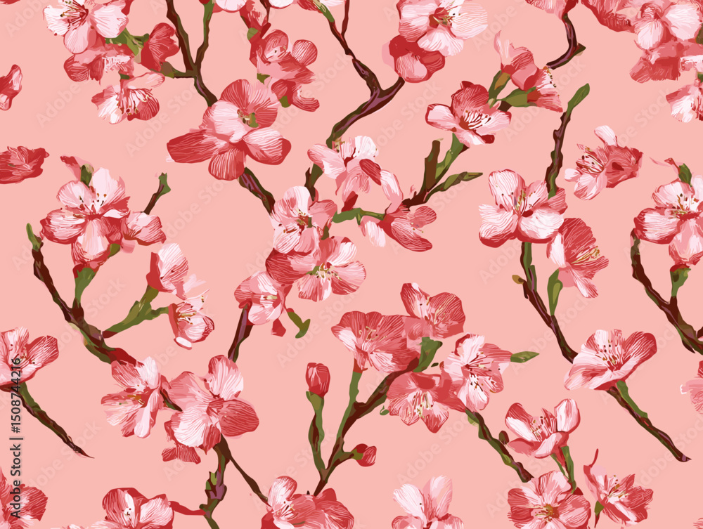 Naklejka premium cherry blossom, flower, pattern, floral, seamless, vector, illustration, nature, spring, blossom, design, wallpaper, decoration, flowers, pink, cherry, tree, art, leaf, beauty, plant, texture, branch,