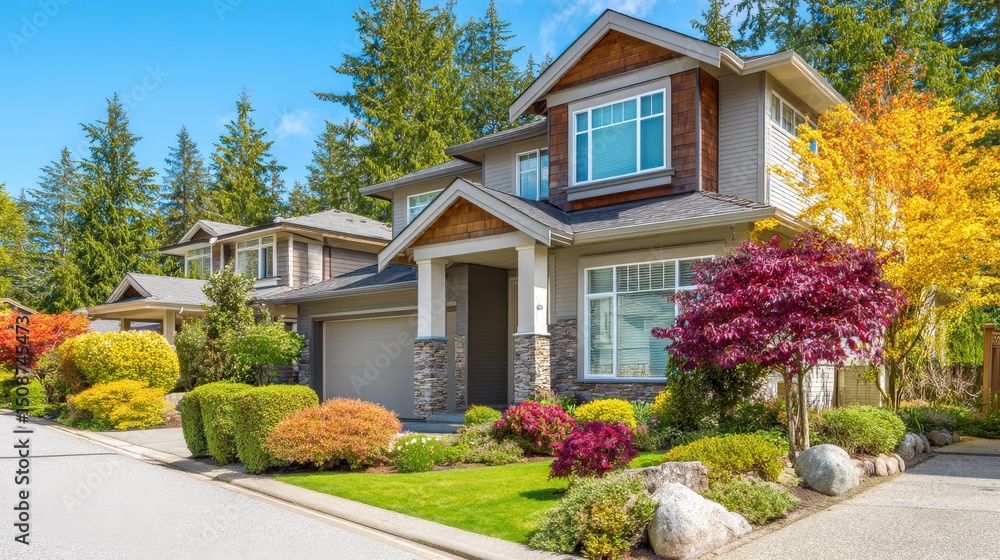 Obraz premium Modern suburban house with vibrant landscaping, lush trees, and a well-maintained front yard under a clear blue sky.