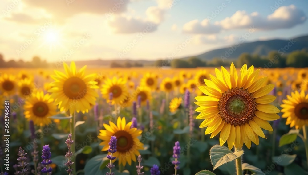 Fototapeta premium Soft, radiant field of blooming sunflowers and lavender , rustic, graphics, flowing