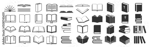 Book Icon Set. Open Book Symbols, Education & Study Pictograms, Vector Line Design on Transparent Background