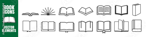 Book Icon Set. Open Book Symbols, Education & Study Pictograms, Vector Line Design on Transparent Background