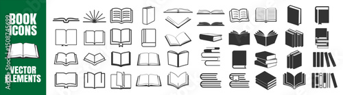 Book Icon Set. Open Book Symbols, Education & Study Pictograms, Vector Line Design on Transparent Background