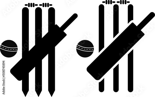 Cricket bat ball stump bails icon set. Sports concept. equipment for playing cricket. agricultural field.  Cricket Wickets element
