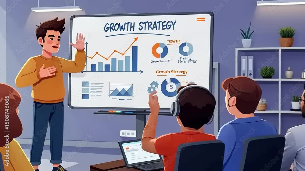 Business presentation on growth strategy with charts and graphs in a modern office setting Business presentation on growth strategy with charts and graphs in a modern office setting