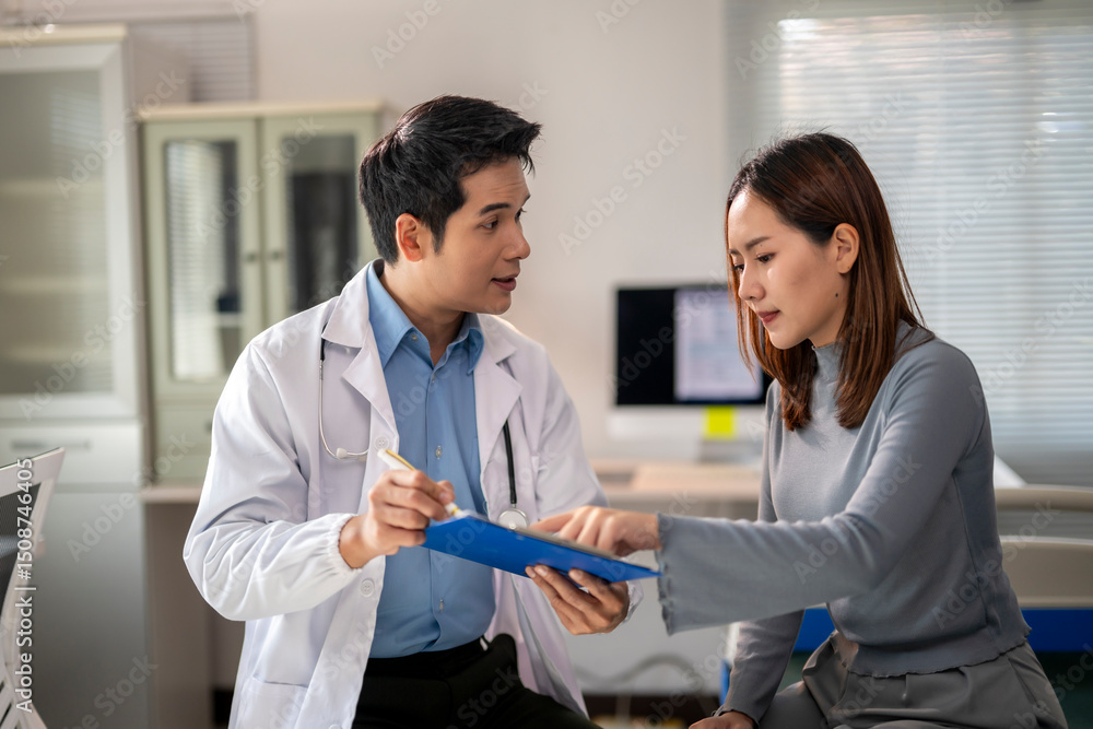 Fototapeta premium A doctor is talking to a woman in a hospital room