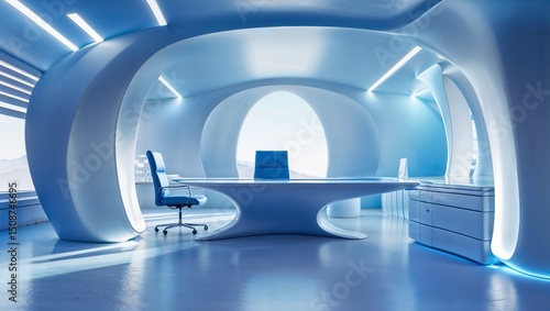 Futuristic Minimalist Blue Office Interior with Curved Design