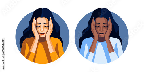 Woman holding head in distress, white background illustration. Woman in depression. Concept of mental disorder, affliction, sorrow and anxiety.