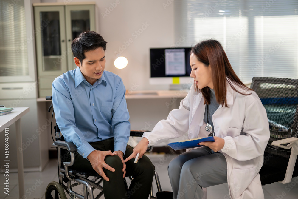Fototapeta premium A man in a wheelchair is being examined by a doctor