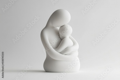 3D art object resembling a mother embracing a child, made of soft matte ceramic, placed on white background, minimalist lighting