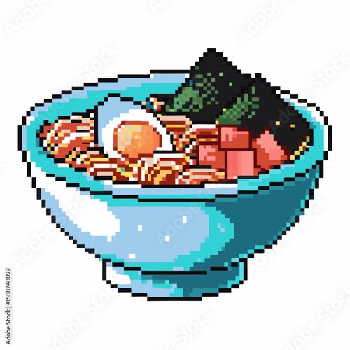 Pixel art ramen bowl with egg, seaweed, and cubes reflects retro gaming and culinary delight