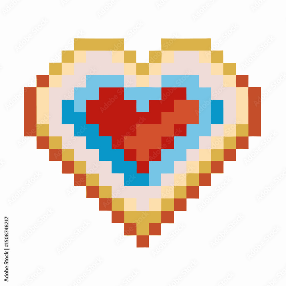 Fototapeta premium Pixelated heart icon with retro pixel art design in red, blue, and gold colors