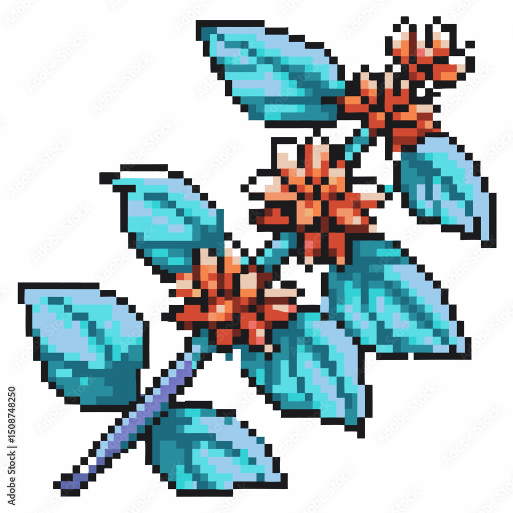 Obraz premium Pixel art of blue and orange flowering plant with geometric leaves and blooms