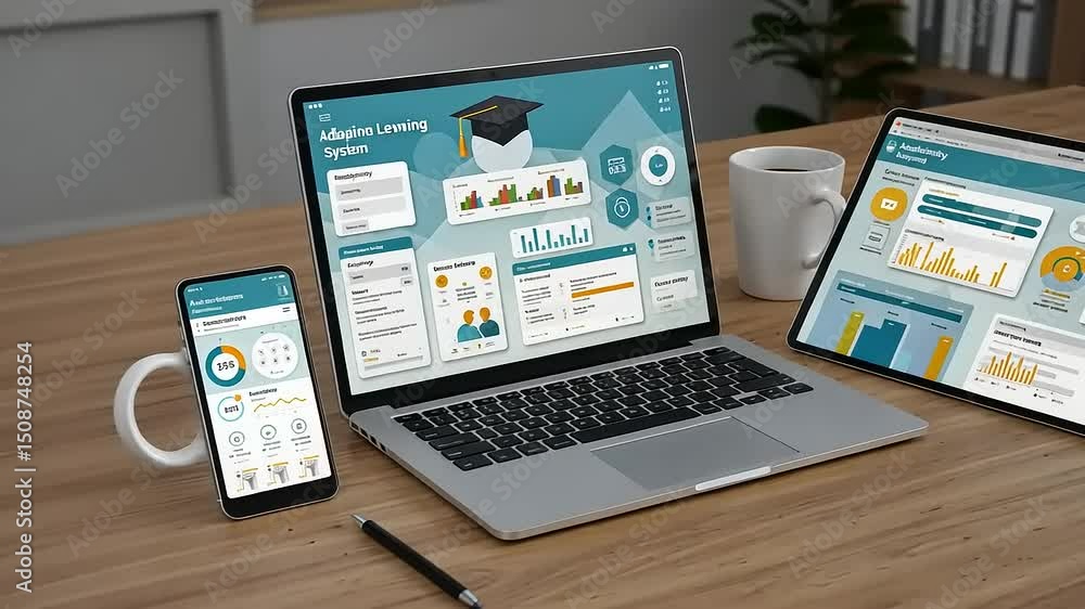 Modern adaptive learning system displayed on multiple devices in a bright workspace Modern adaptive learning system displayed on multiple devices in a bright workspace