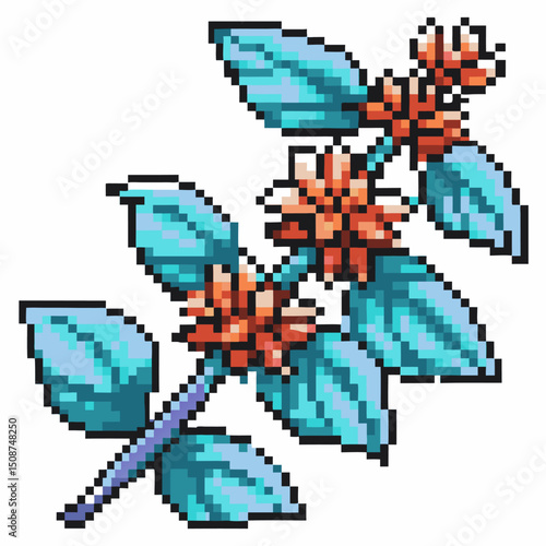 Pixel art of blue and orange flowering plant with geometric leaves and blooms