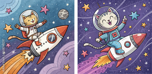 A cartoon space cat in a stylish astronaut suit is happily flying on a rocket through shining stars and distant galaxies