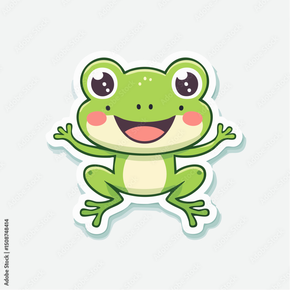 Fototapeta premium Kawaii Frog Sticker Jumping with Big Eyes and Happy Expression