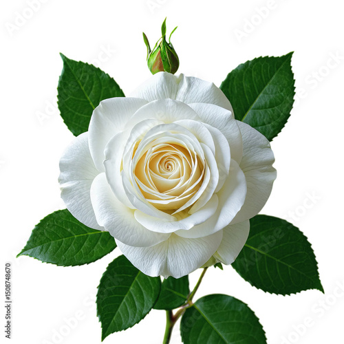 White Rose with Green Leaves, Isolated Transparent Background