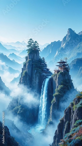 Wallpaper Mural Serene Mountain Temple with Waterfall and Clouds Torontodigital.ca